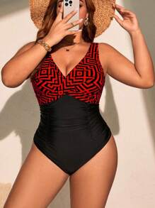 Plus Size Colorblock Print Patchwork One-Piece Swimsuit For Summer Beach Vacation - Multicolor - View 4