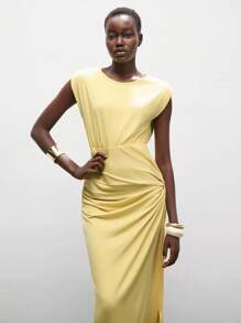Lumivelle Women's Solid Color Round Neck High Waist Knot Design Summer Dress Cream Yellow Preppy Style - Yellow - View 5