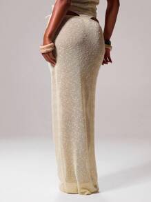 Musera Resort Low Rise Sequin Knit Maxi Skirt Only Boho Ibiza Cute Sexy Vacation Summer Beach Swimwear Cover Up Girly Pastel Spring Elegant Bridal Hen Do Bachelorette Wedding - Yellow - View 2