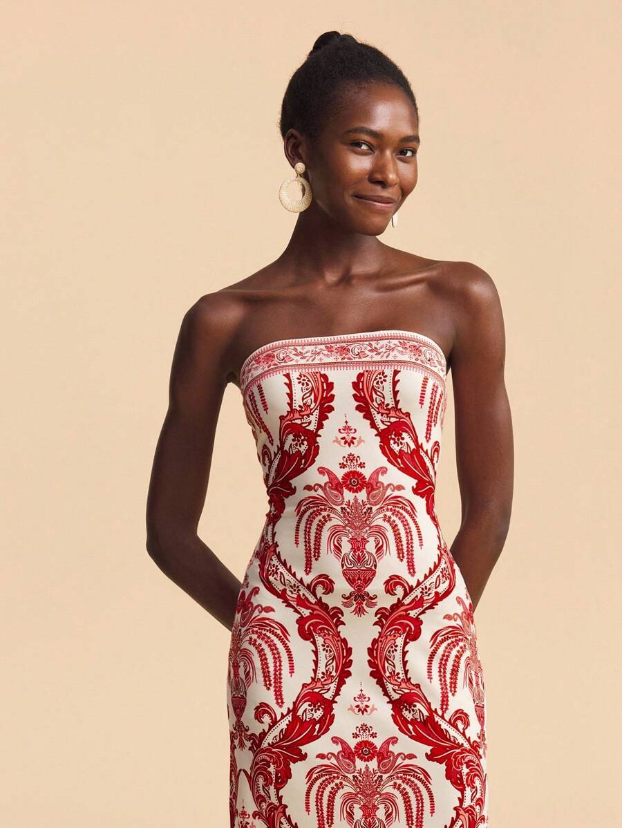 Travachic 女士多色印花露肩度假连衣裙 - 紅白色 - 查看 1