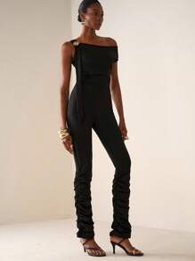 Zivah Women's Elegant Summer Black Knitted Tight Jumpsuit,One Shoulder Flower Metal Decoration Waist Gathered Long Pile Pants For Party Night Banquet Date - Black - View 5