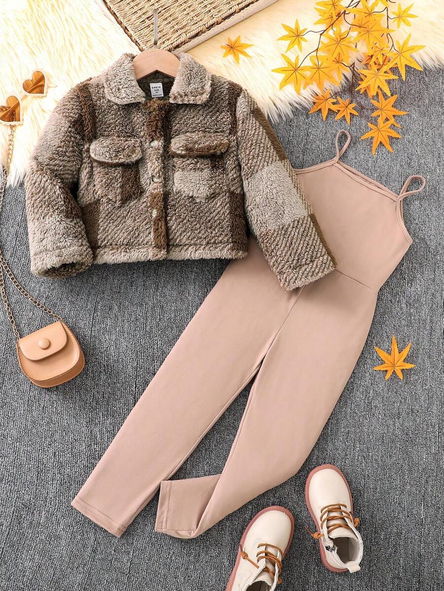 Sparklyn 2 件套年轻女孩格子毛绒长袖夹克和背带裤，休闲装 - 彩色 - 查看 1