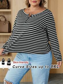 SHEIN CURVE+ Curves 大尺碼條紋休閒長袖上衣，萬聖節上衣，返校季，2026 22W - 彩色 - 查看 7
