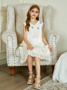 Hapijoa Tween Girls V-Neck Sleeveless Tank Dress, Summer - White - View 6