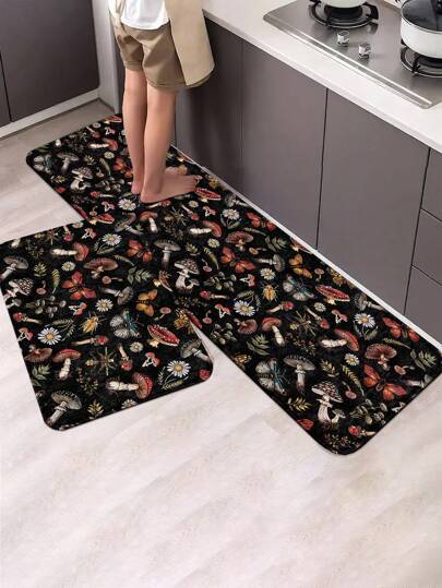 ROMWE Hippie 1pc Gothic Mushroom Moth Rug - Non-Slip Kitchen Mat With Dark Floral Design, Waterproof Absorbent Floor Pad For Hallway, Bathroom & Altar Decor - Witchy Gothiccore, Dark Academia Home Essentials, Home Decor, Halloween