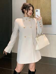 DAZY Women's Autumn/Winter Stand Collar Mid-Length Overcoat Jacket - Apricot - View 3