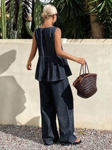 Livesso 女士荷叶边下摆圆领无袖上衣和牛仔裤休闲牛仔套装 - 深色水洗藍 - 查看 2