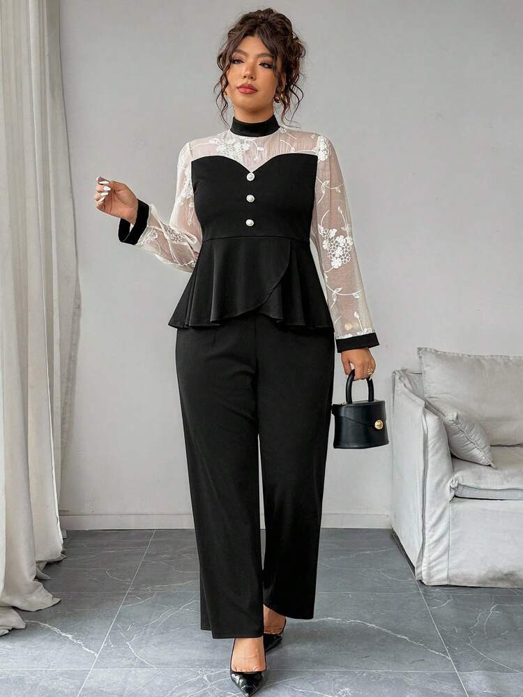 Elenzga 加大码 3D 刺绣拼布针织高领 V 型灯笼袖交叉系带腰部 A 字型 T 恤和紧身裤套装，休闲通勤、郊游和派对两件套女士优雅衬衫和裤子套装 2 件套女士优雅黑色裤子套装女士上衣女士优雅秋季服装 - 彩色 - 查看 7