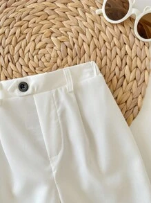 SHEIN 男婴休闲弹力腰白色正装裤，适合生日派对、晚宴、演出、婚礼、迎婴派对和一周岁生日庆祝活动。