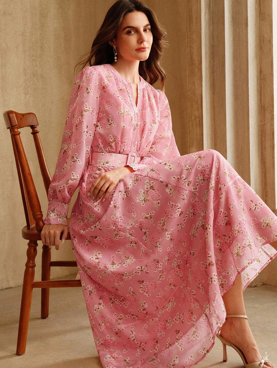 Anewsta Summer Vacation Style Pink Ditsy Floral Long Sleeve V-Neck Dress With Belt For Women - Pink - View 1
