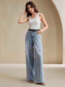 Anewsta 水钻装饰休闲百搭女式阔腿牛仔裤，日常穿着 - 白色 - 查看 3