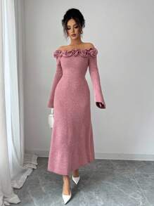 Elenzga Women Off-Shoulder Ruffle Hem Knit Sweater Dress Fall Winter Cloth For Women - Pink - View 3