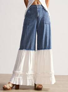 Bohemela Summer/Autumn Women's Vintage Casual Solid Color Woven Wide Leg Loose Fit Jeans Pants, Bohomian Style Vacation Outfits Wide Leg Jeans Women Ruffle Pants Loose Jeans Two Tone Jeans Tiered Ruffle Jeans