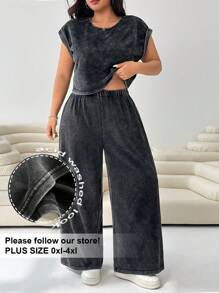 Solflare Plus Size Women 2 Pieces Casual Washed Top And Pants Set, For Summer 2 Piece Lounge Sets Women,Fall,Back To School,Business Casual,Office Outfits,Work,Teacher