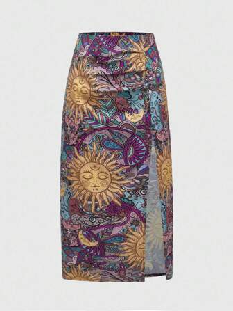 Hippie Plus Size Women Moon & Star Print Ruched Side Slit Hem Skirt, Fashionable,Holiday Outfits For Women
