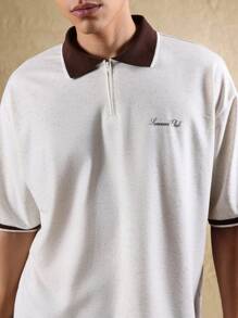 Sumwon Club 优质拉链领 Polo 衫罗纹饰边短袖休闲网球高尔夫复古风格常规版型夏季春季 - 杏色 - 查看 3