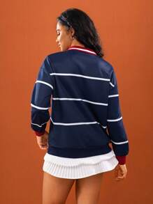 Hanevo Mulheres Esporte Casual Colorblock Listrado Impressão Ombro Caído Solto Gola Polo Moletom, Primavera/Outono Suéter