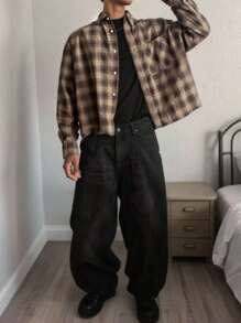 男士休闲格子印花街头潮流衬衫，必备旅行衬衫 - 彩色 - 查看 1