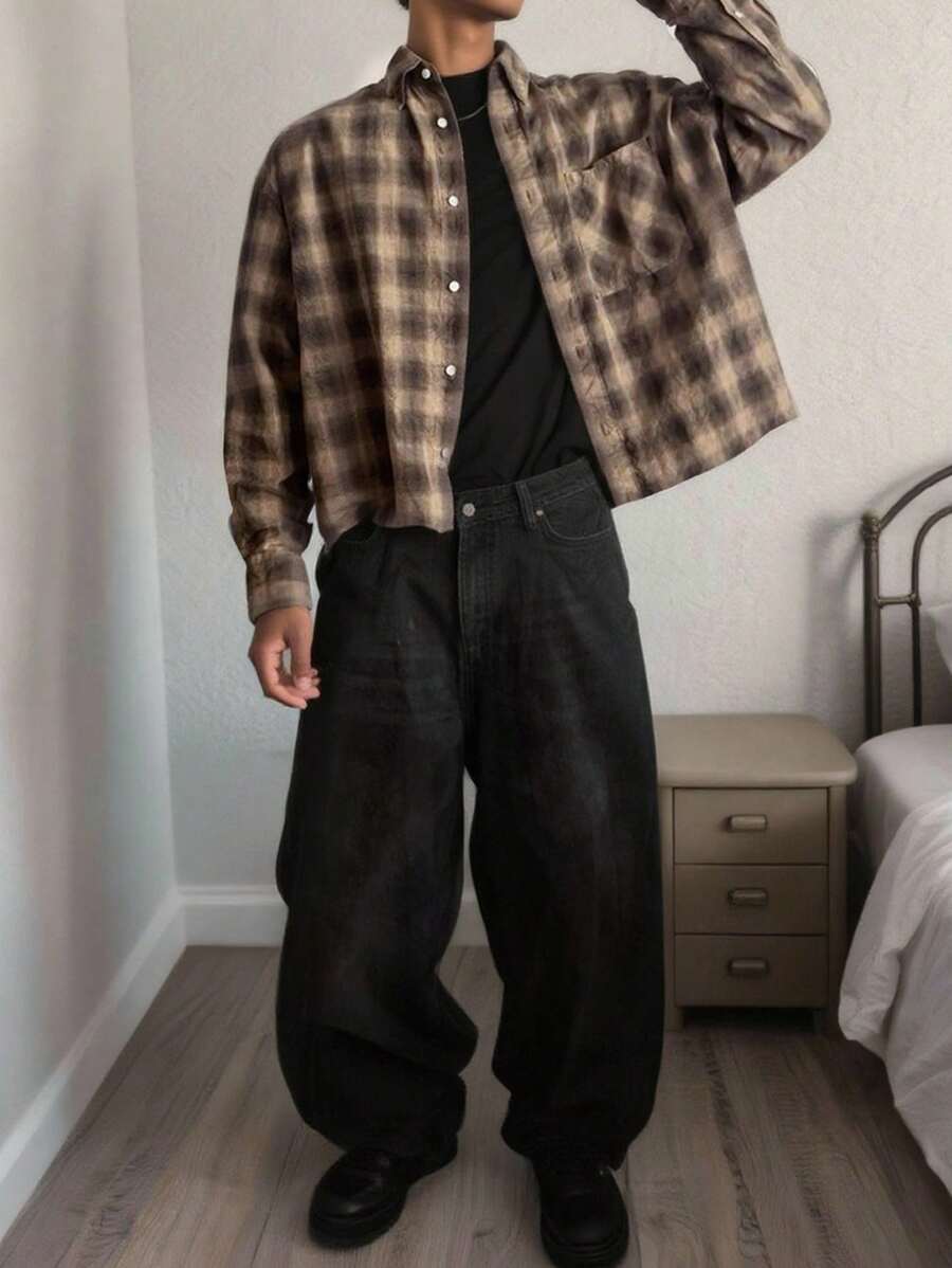 男士休闲格子印花街头潮流衬衫，必备旅行衬衫 - 彩色 - 查看 1