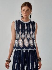Florisole Tricou elegant boem, stil boem, cu guler rotund, bleumarin, alb, cu scobituri, broderie, fără mâneci, pentru primăvară și vară, pentru doamne, vacanță - Albastru marin - Vizualizare 5