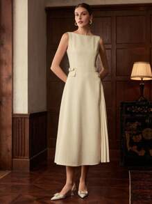 ZEYLAH Round Neck Sleeveless Pleated Patchwork Jacquard Elegant Dress - Apricot - View 4