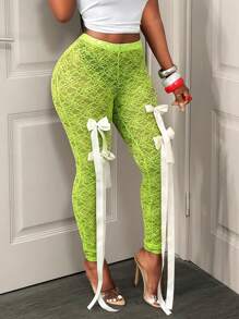 BamGleam Green Bow Decor See-Through Sexy Bodycon Leggings Back To School Fashion Fall Cloth For Women - Green - View 5