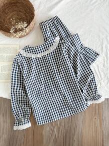 两件套少女经典格子休闲衬衫裤套装，舒适居家服，适合家庭聚会和拍照 - 藍白色 - 查看 2