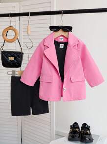 SHEIN Playful Pals 女婴三件套 - 玫瑰粉色长袖翻领休闲西装外套、黑色背心和黑色修身短裤，优雅时尚，适合春秋季日常穿着、拍照和秋冬季旅行。 - 玫紅色 - 查看 8