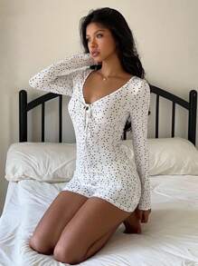 SHEIN EZwear Fall Women Clothes Polka Dot Print Cute Clothes  Simple Fashion Tie-Front Long Sleeve Top And Shorts Casual 2 Pieces Set - White - View 1