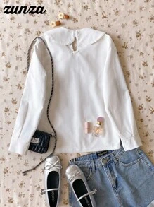 1 件青少年女孩不对称领套头衫长袖白色休闲校服衬衫，秋季 - 白色 - 查看 2