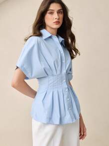 BizChic 女士蓝领腰部条纹束腰前扣肩袖衬衫衬衫，基本款城市通勤简约优雅时尚商务休闲，适合办公室、教师、婚礼嘉宾、音乐会 - 藍色 - 查看 5