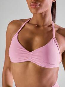 Musera Sport Solid Ruched Bust Open Back Halter Sports Bra, Active Comfy Workout Gym Running Run Clubpadel, Tennis, Pickleball Gym Fitness Yoga Pilates Fall Daily Casual