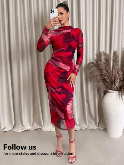 Lavishia Women's Mesh Printed Elastic Knit Dress Party Pink And Red Autumn Sexy