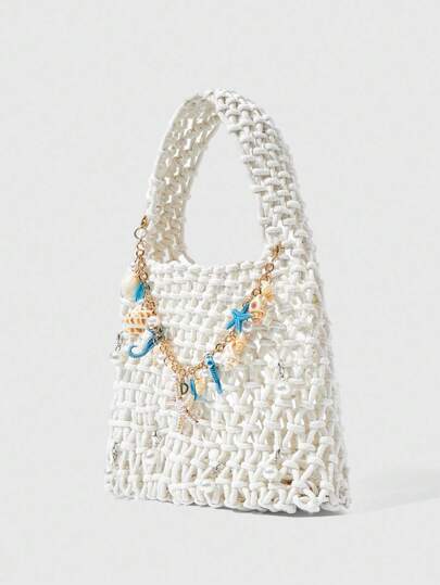Fairycore 1 pieza Bolso de playa tejido con concha de océano azul y estrella de mar, estilo vacacional, que incluye 1 bolso y 1 set de accesorios, para mujer, para primavera/verano
