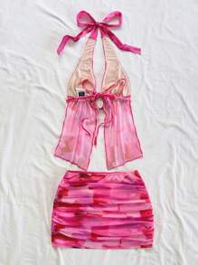 SHEIN x Eduarda Gutierrez Soleia Women's Bohemian Tie-Dye Floral Print Knit Mesh Halter Backless Tie Front Decorative 3D Flower Vest And Mini Ruched Skirt Set, Suitable For Party, Date, Afternoon Tea, Beach, Carnival, Summer Outfitting, Can Be Worn Inside Or Outside Pink Beach Outfit Pink Vacation Outfit Two Piece Beach Set Beach Skirt Set - Multicolor - View 2