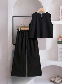 SHEIN Elladie kids 2 件套幼儿女童时尚可爱 3D 蝴蝶结装饰无袖背心和七分裤套装，适合日常穿着、度假和外出，春夏季 - 黑色 - 查看 2