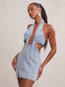 NYA SZN 牛仔深 V 露背夏季连衣裙度假特别活动西部音乐会音乐节优雅假期春假早午餐毕业典礼新娘婚礼宾客 - 淺色水洗藍 - 查看 5