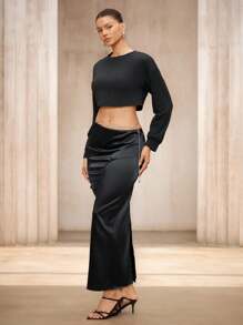 SHEIN Unity Women's Woven Asymmetrical Waist Cutout Fitted Elegant Black Skirt, Suitable For Summer & Autumn Fall Cloth For Women - Black - View 4