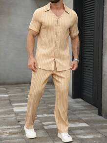 Manfinity Homme Men's Single-Breasted Plain Casual Short Sleeve Shirt And Pants Set - Khaki - View 5