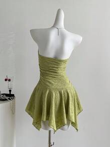 Sweetra Y2K Sexy Asymmetrical Length Ruched Fabric Strapless Dress - Green - View 2