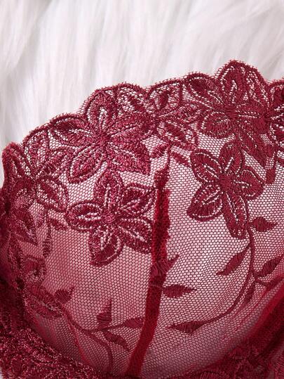 Elegante Bordeaux Kanten BH Mini Shorts Set Gorgeous Bloemen Lingerie view 6