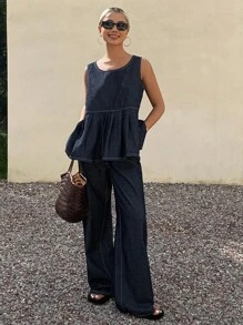 Livesso 女士荷叶边下摆圆领无袖上衣和牛仔裤休闲牛仔套装 - 深色水洗藍 - 查看 6