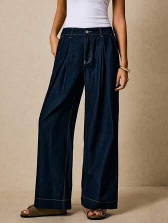 Poéselle 女士休闲百搭水洗阔腿牛仔裤 褶皱阔腿牛仔裤 宽松牛仔裤 女士低腰牛仔裤 宽松牛仔裤 女士返校冬季阔腿裤 女士工作裤 Y2k 女士机场裤 Y2k 牛仔裤