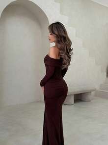 Jemour Off Shoulder Long Sleeve Maxi Dress Vacation Summer Spring Romantic Wedding Guest Graduation, Prom Holiday - Coffee - View 2