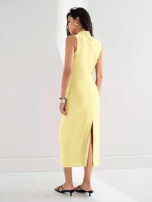 Maija Women's Sleeveless Stand Collar Asymmetric Ruched Design Dress, Urban Commute Business Casual Office Wear, Elegant Teacher Outfit, Suitable For Halloween, Christmas, Party - Yellow - View 8