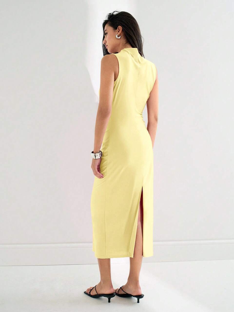 SHEIN Maija Women's Sleeveless Stand Collar Asymmetric Ruched Pale Yellow Dress,Elegant Summer Party Beach Vacation Outfit,Business Casual Office Wear Graduation