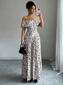 SHEIN Clasi Women's Elegant Off Shoulder Dress With Ruched Hem - Multicolor - View 4