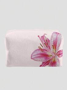 ROMWE Kawaii Pink Base Lily Flower Pattern Octagonal Velvet Cosmetic Bag