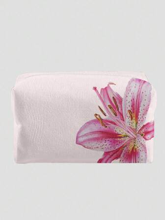Kawaii Pink Base Lily Flower Pattern Octagonal Velvet Cosmetic Bag