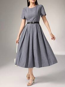 Heiryn 女式简约纯色褶边下摆收腰休闲连衣裙，夏季，不带腰带 - 灰色 - 查看 3